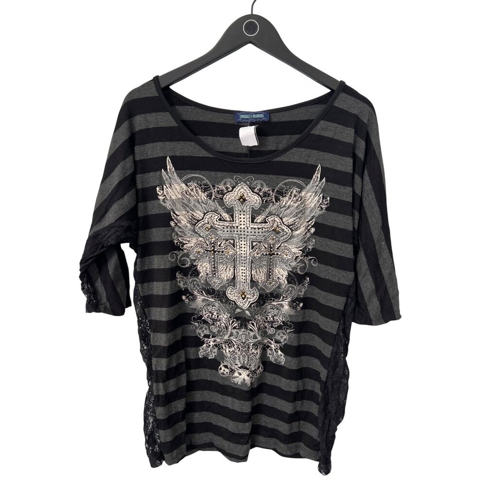 Cowgirls and Diamonds Embellished Cross Striped Top Women XL Lace Black Gray NEW